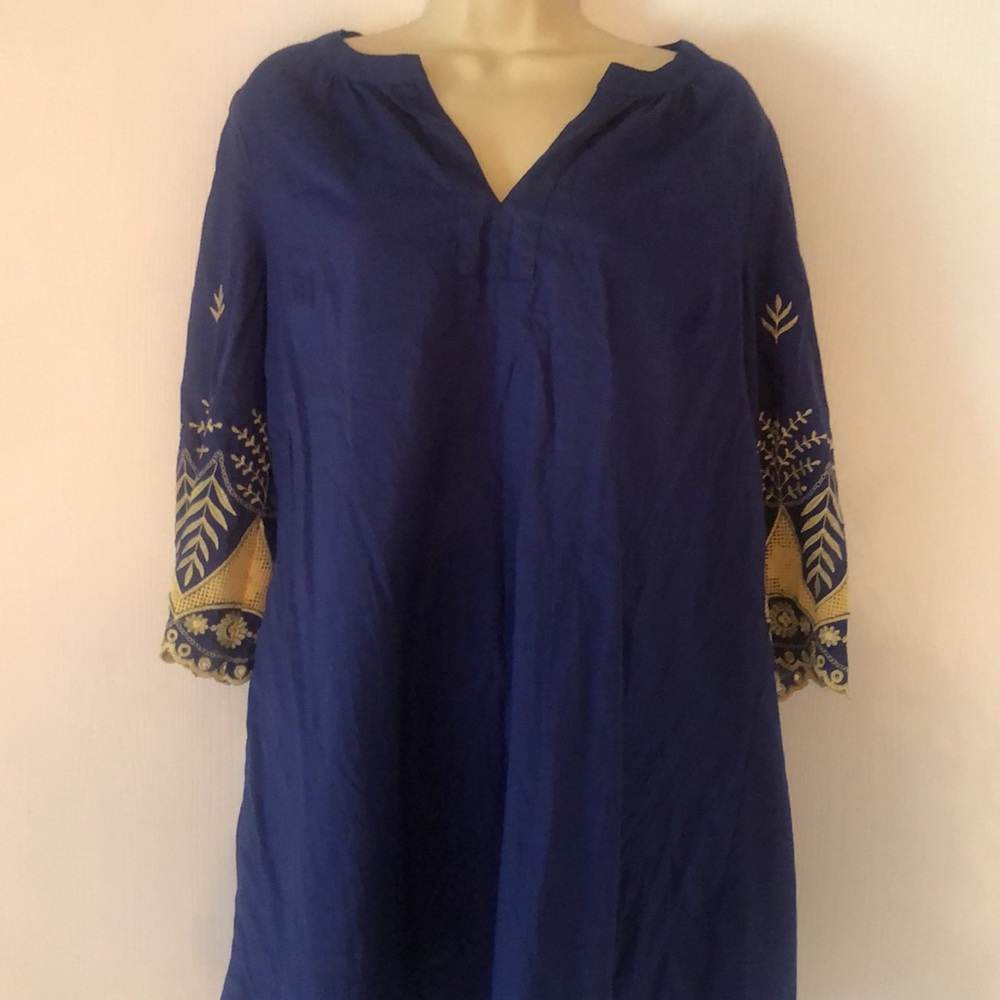 Woman’s blue fall cotton embroidered USA tunic top gold sleeves